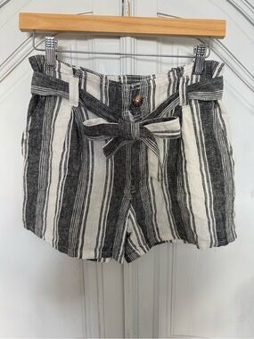 Mauby Striped Paperbag Waist Tie Belt Shorts | Black/Wht‎ Linen Blend  | Size S